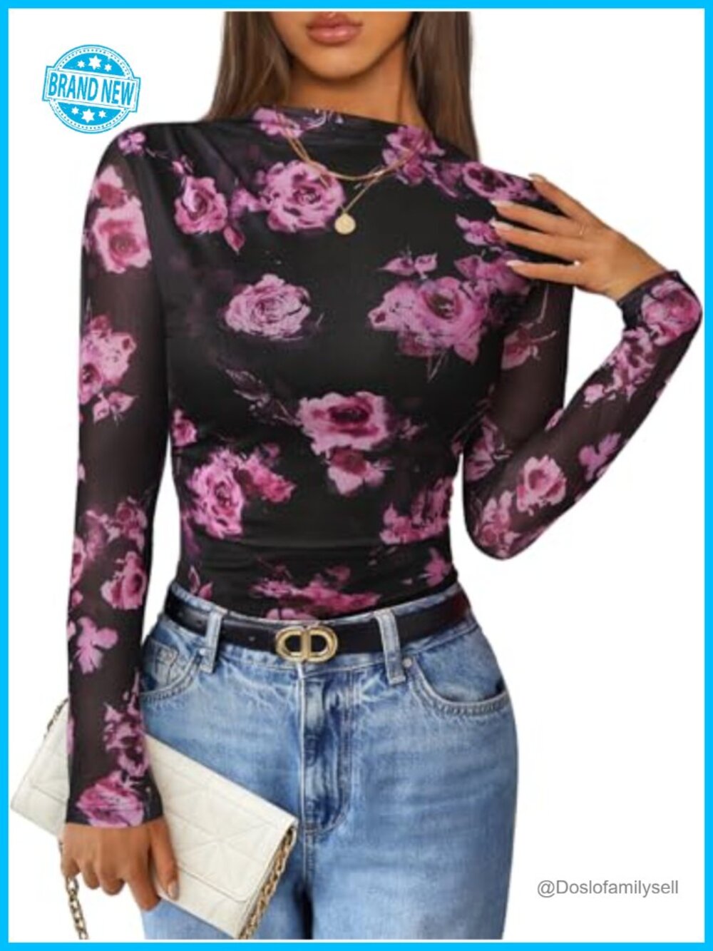 Womens Floral Long Sleeve Mesh Fitted Top Mock Neck Ruched Y2K Blouse